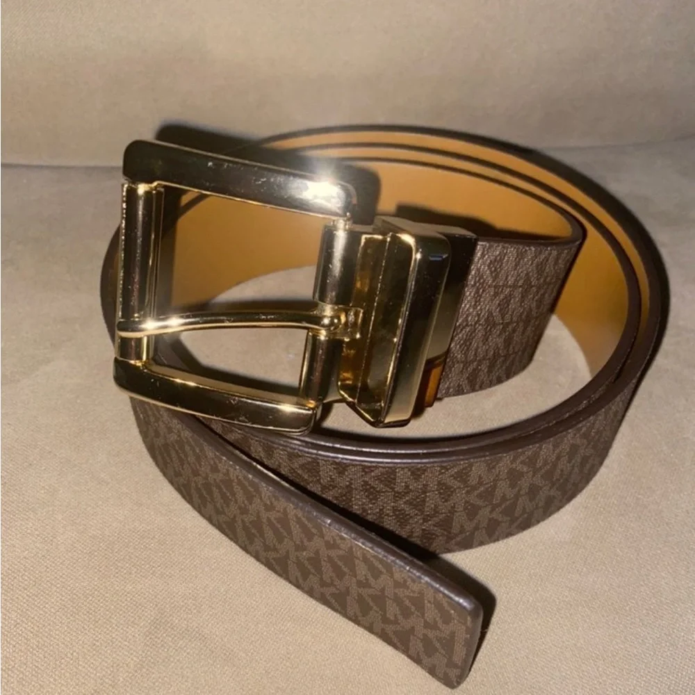 Michael Kors MK Logo Reversible Brown Belt Gold Buckle Plus Size 1X 50”